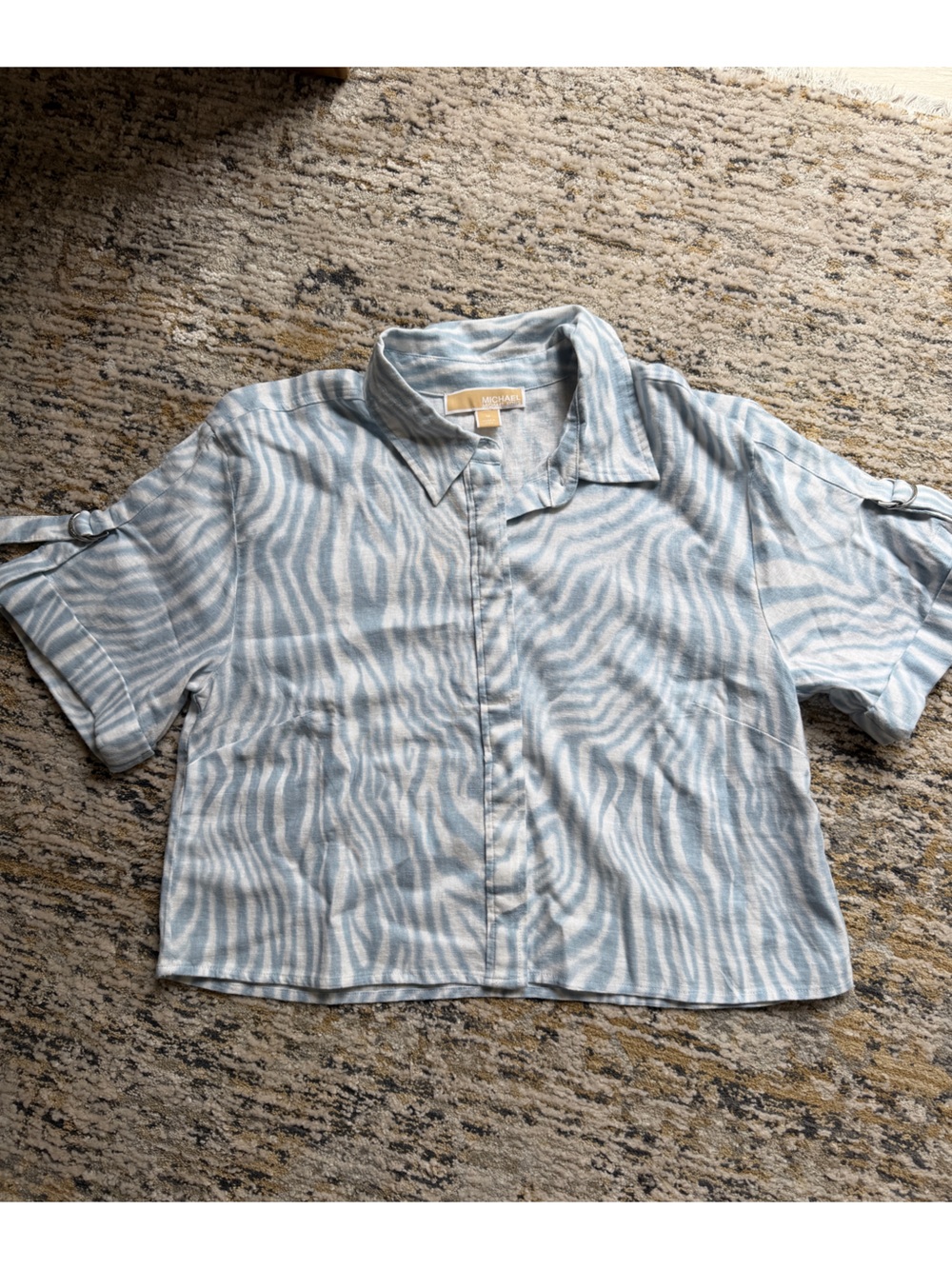 NWT Michael Kors linen  Blue & White Zebra Print crop boxy Button-Up Shirt
